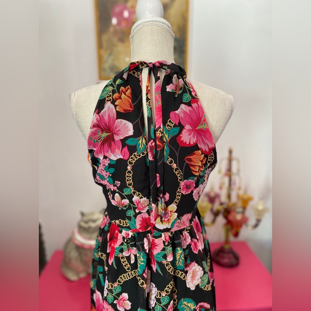 NICOLE MILLER BLACK PINK FLORAL MAXI DRESS SIZE 10 - Picture 9 of 11